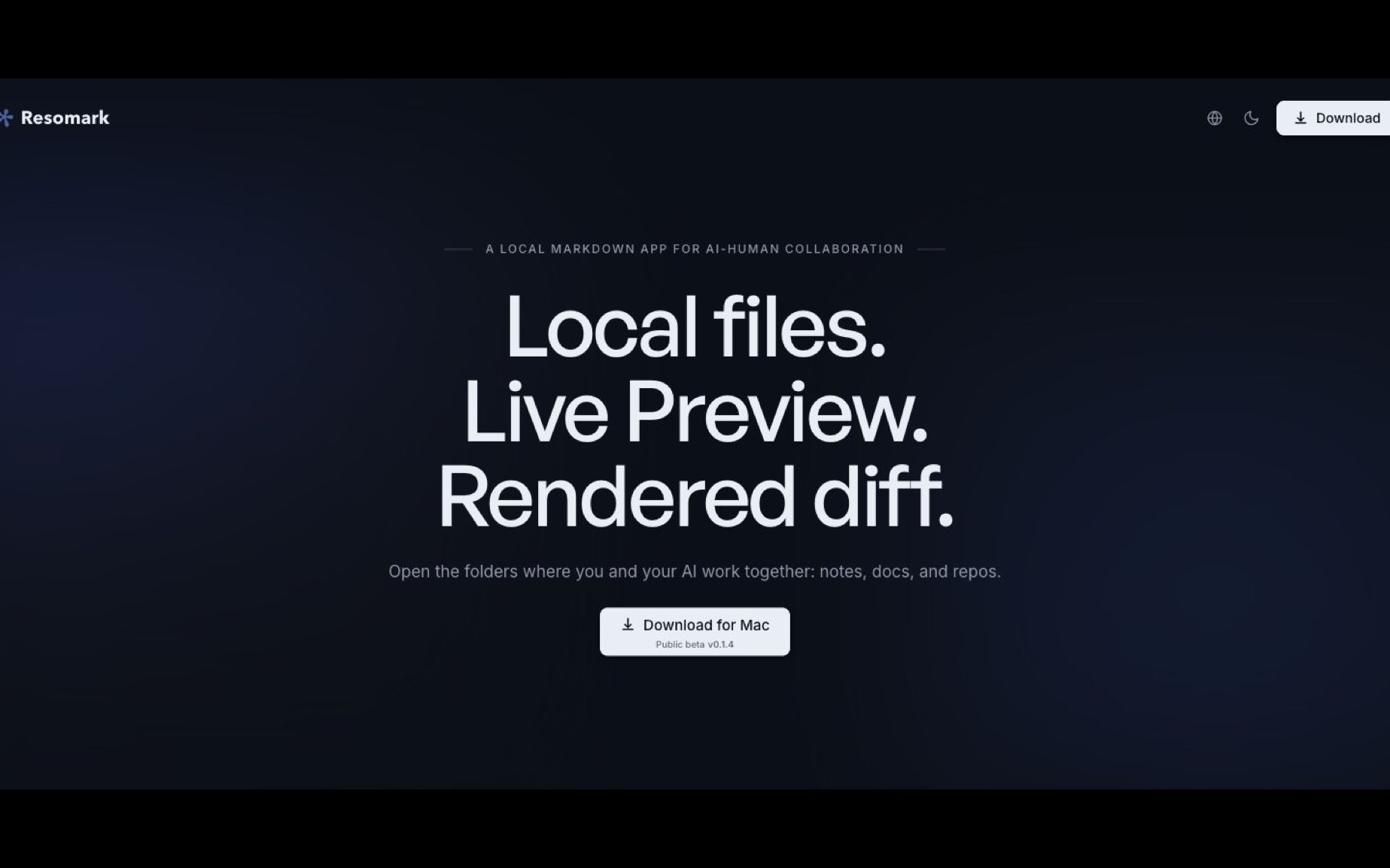 「Resomark」给 AI 协作准备的本地 Markdown 工作台，原文编辑、实时渲染、差异审阅
