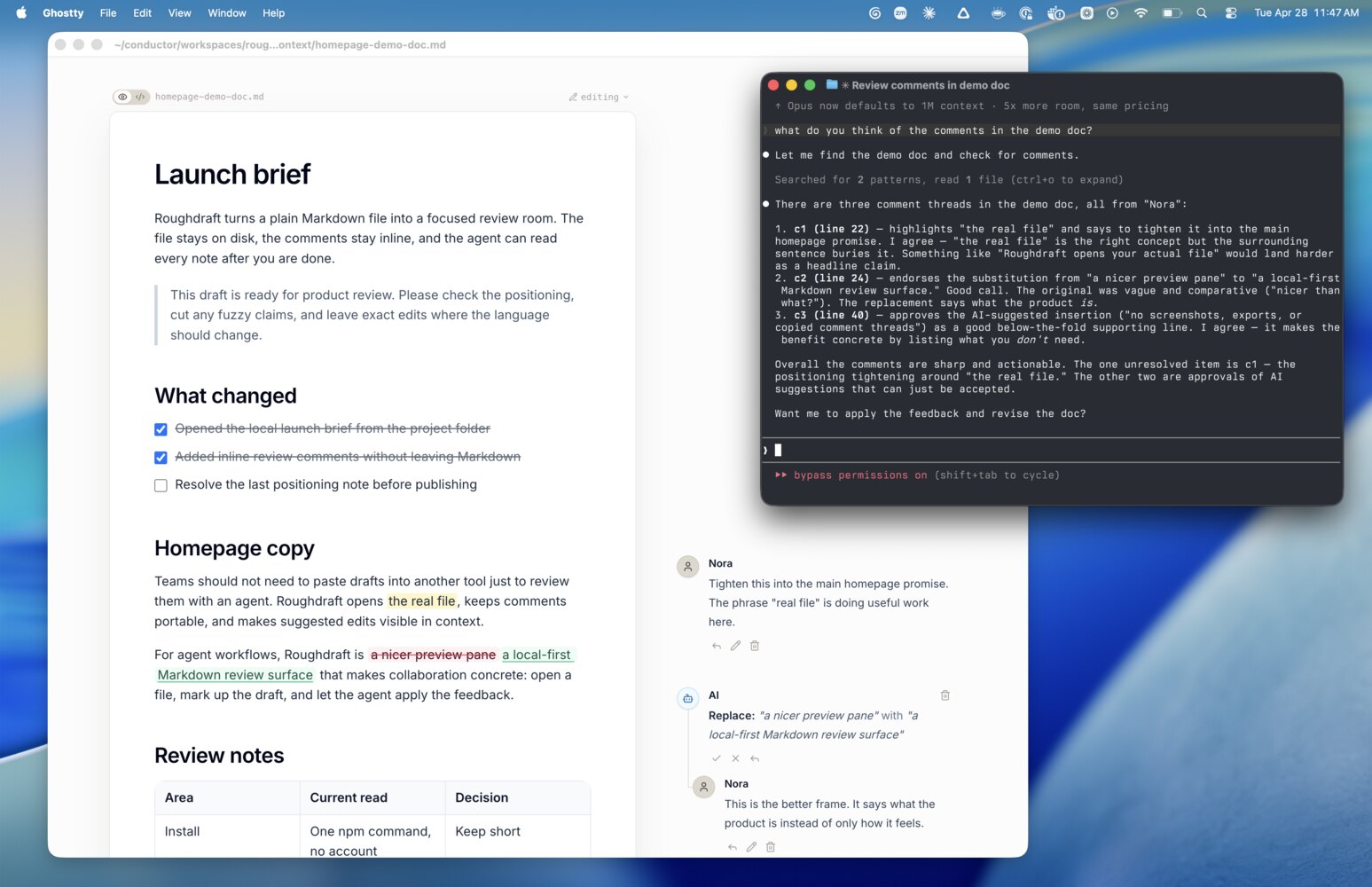 Roughdraft Markdown 审稿工作区截图