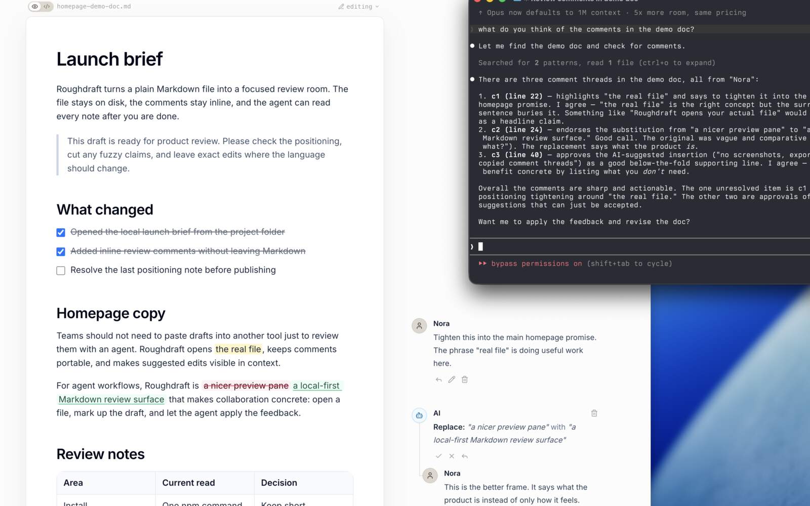 「Roughdraft」本地优先 Markdown 审稿工具：让 coding agent 先停下来等你批注