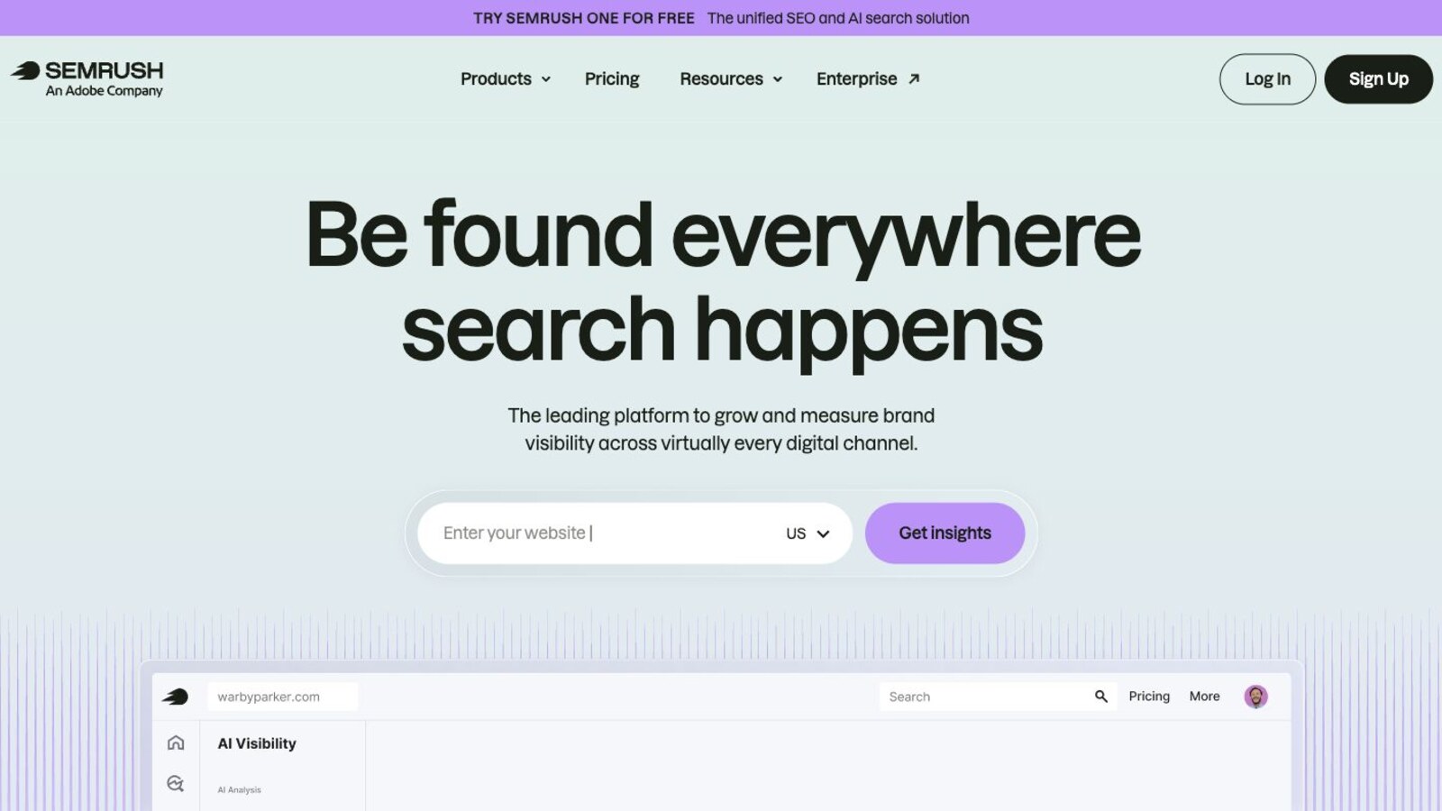 Semrush 官网展示品牌可见度和 AI 搜索入口