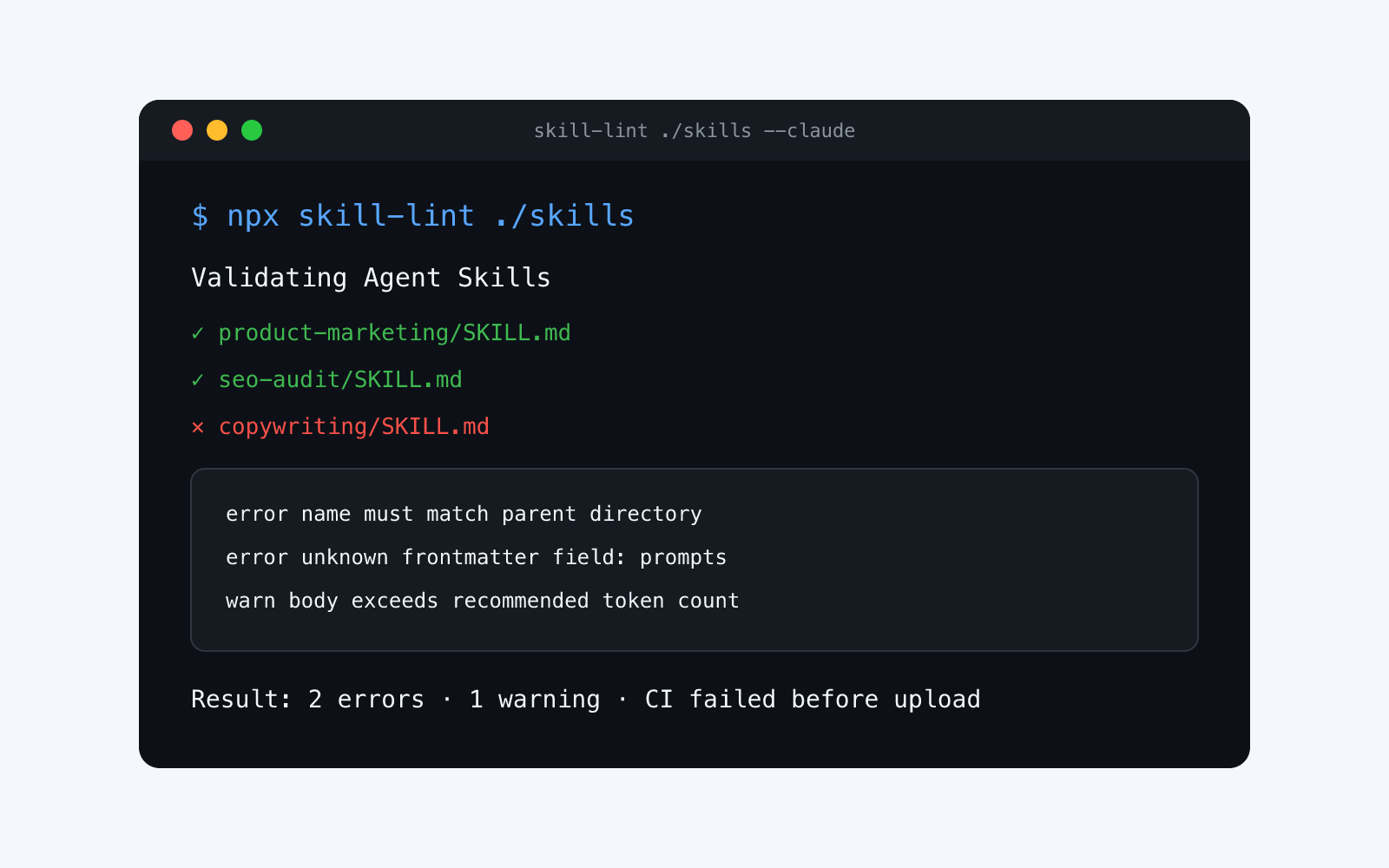 「skill-lint」在上传前检查 Agent Skills 的 SKILL.md