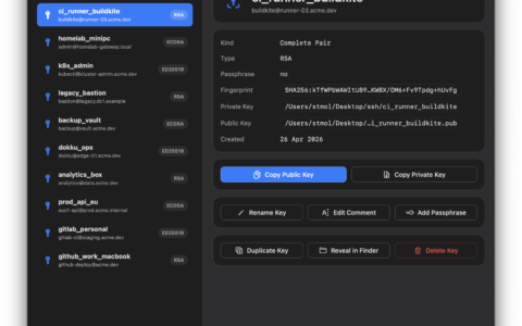「SSH Keys Manager」原生 macOS SSH 密钥管理器：查看、生成、整理密钥和编辑 SSH Config