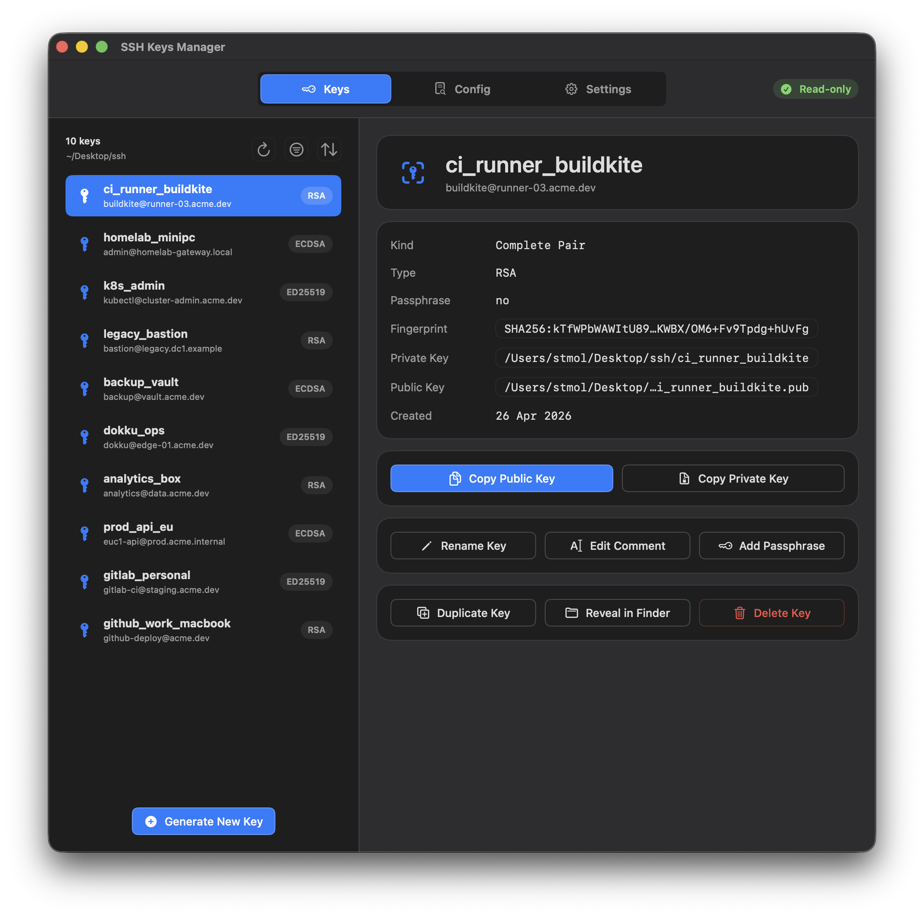 「SSH Keys Manager」原生 macOS SSH 密钥管理器：查看、生成、整理密钥和编辑 SSH Config