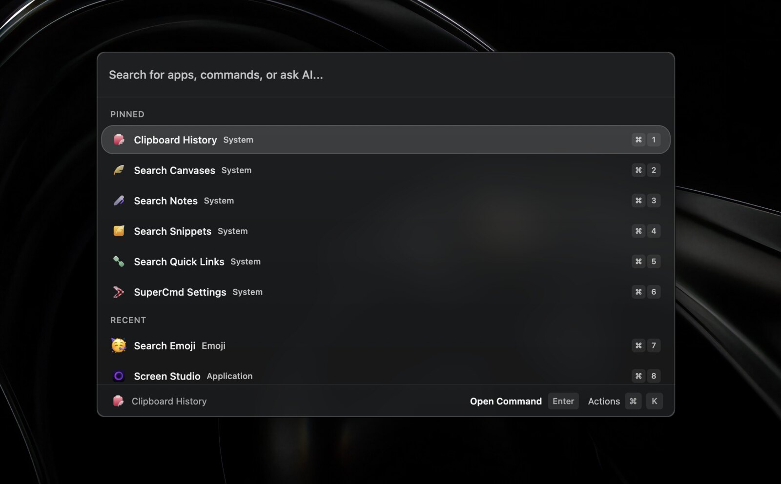 SuperCmd macOS launcher interface screenshot