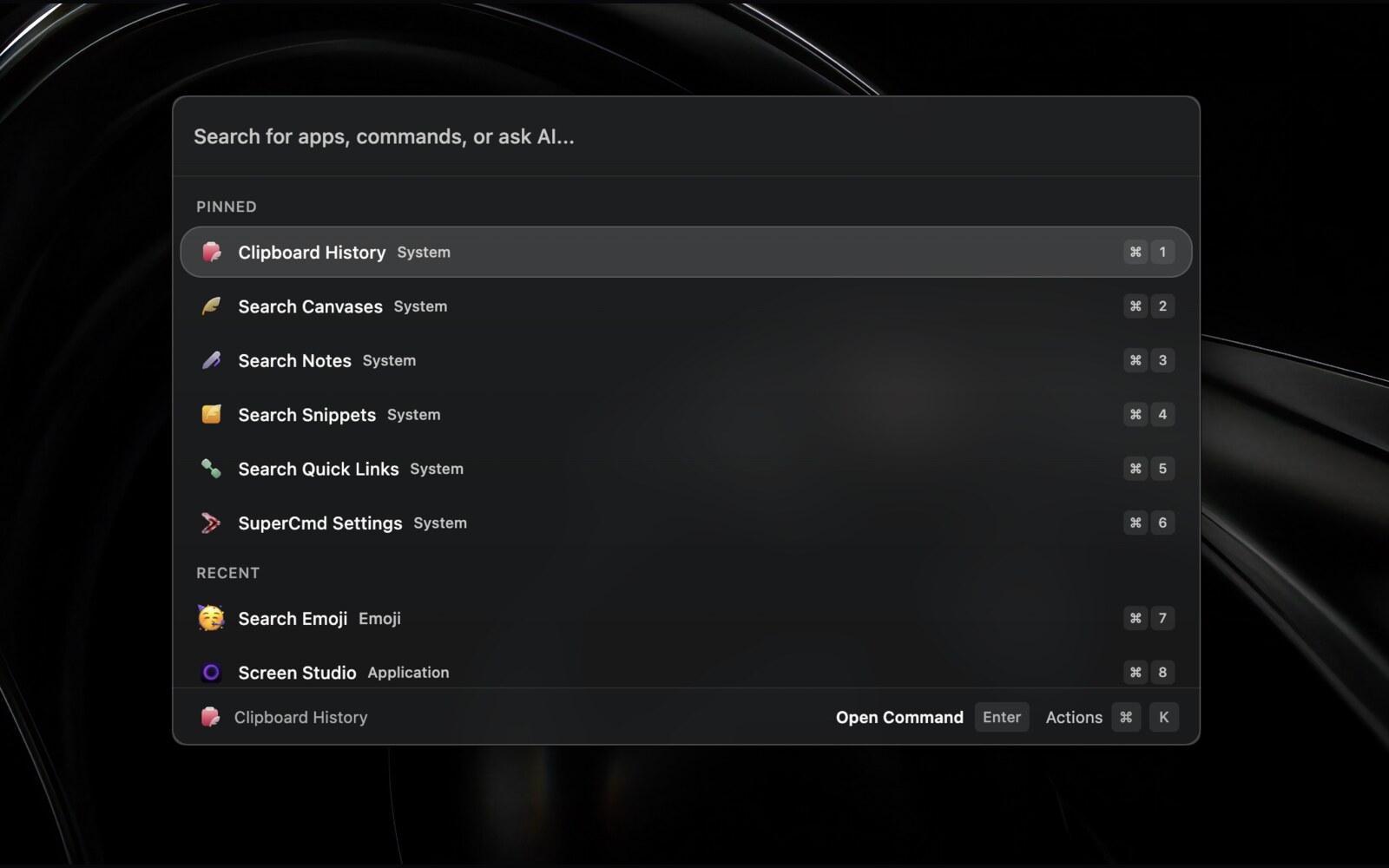 SuperCmd 的 macOS 启动器界面