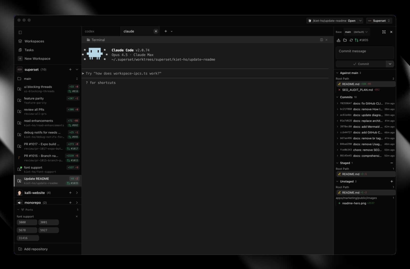 Superset 桌面端并行运行 coding agents 的界面