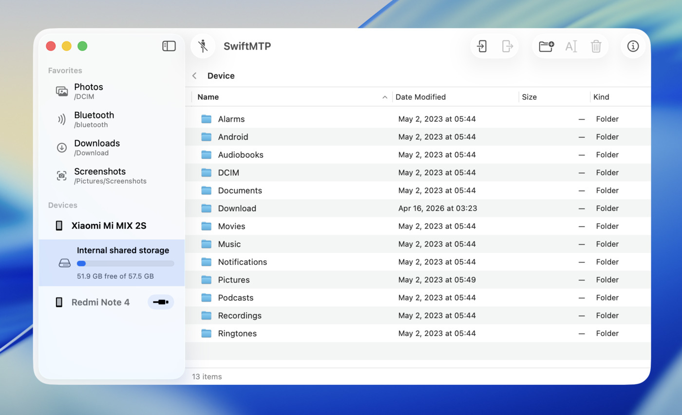SwiftMTP macOS 文件管理界面