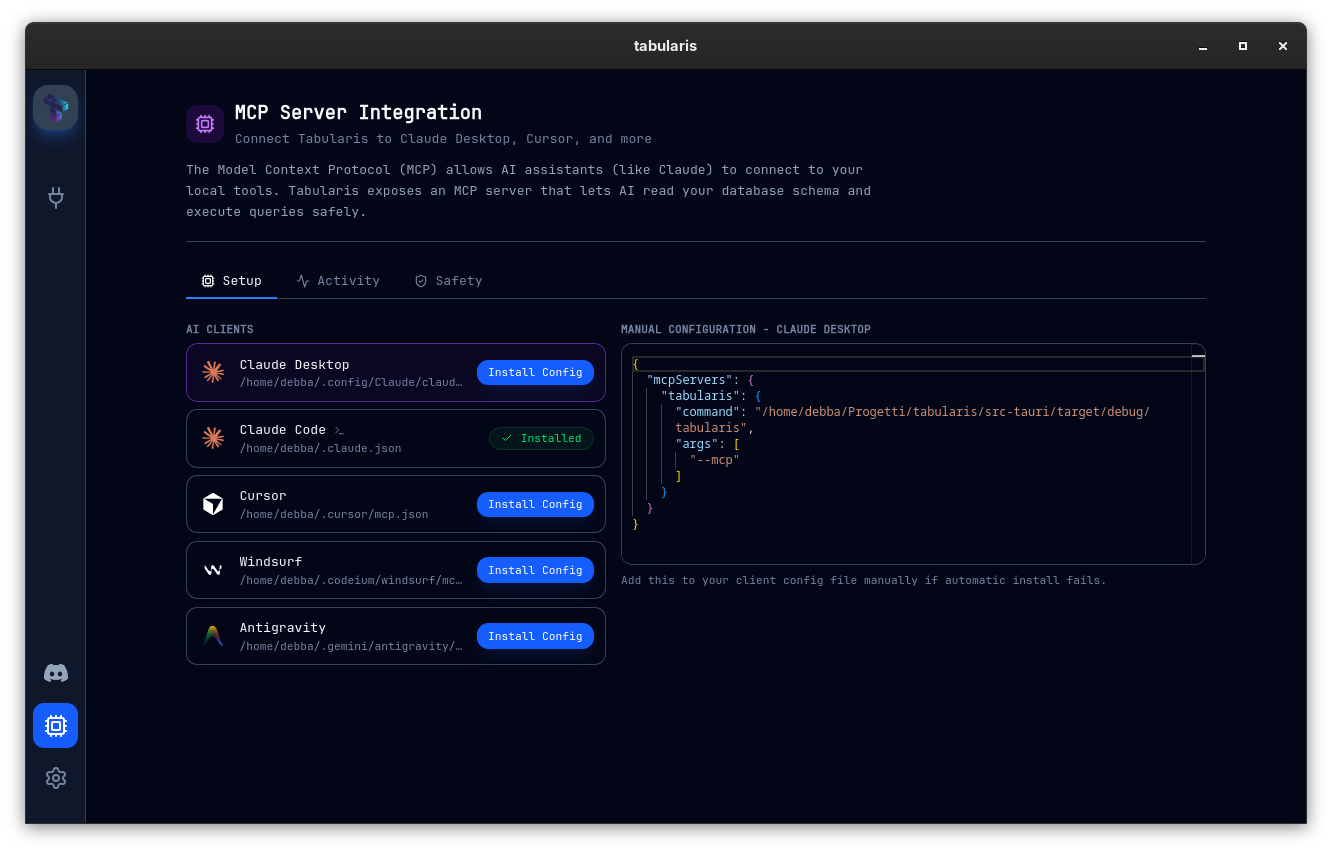 Tabularis 的 MCP Server Integration 配置界面