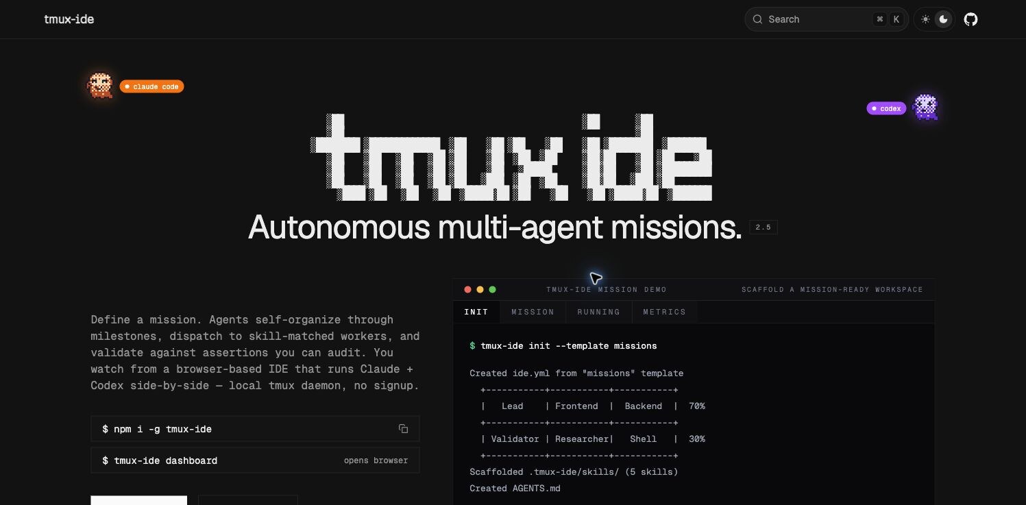 tmux-ide 的浏览器 IDE 界面