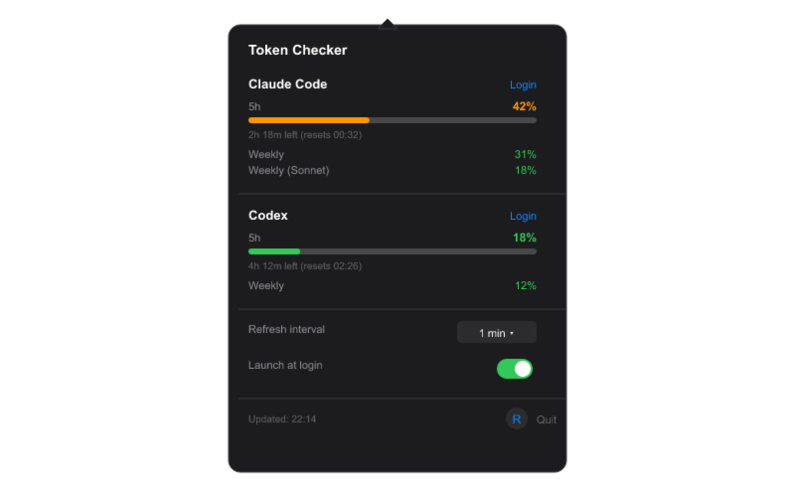 Token Checker 菜单栏用量监控界面