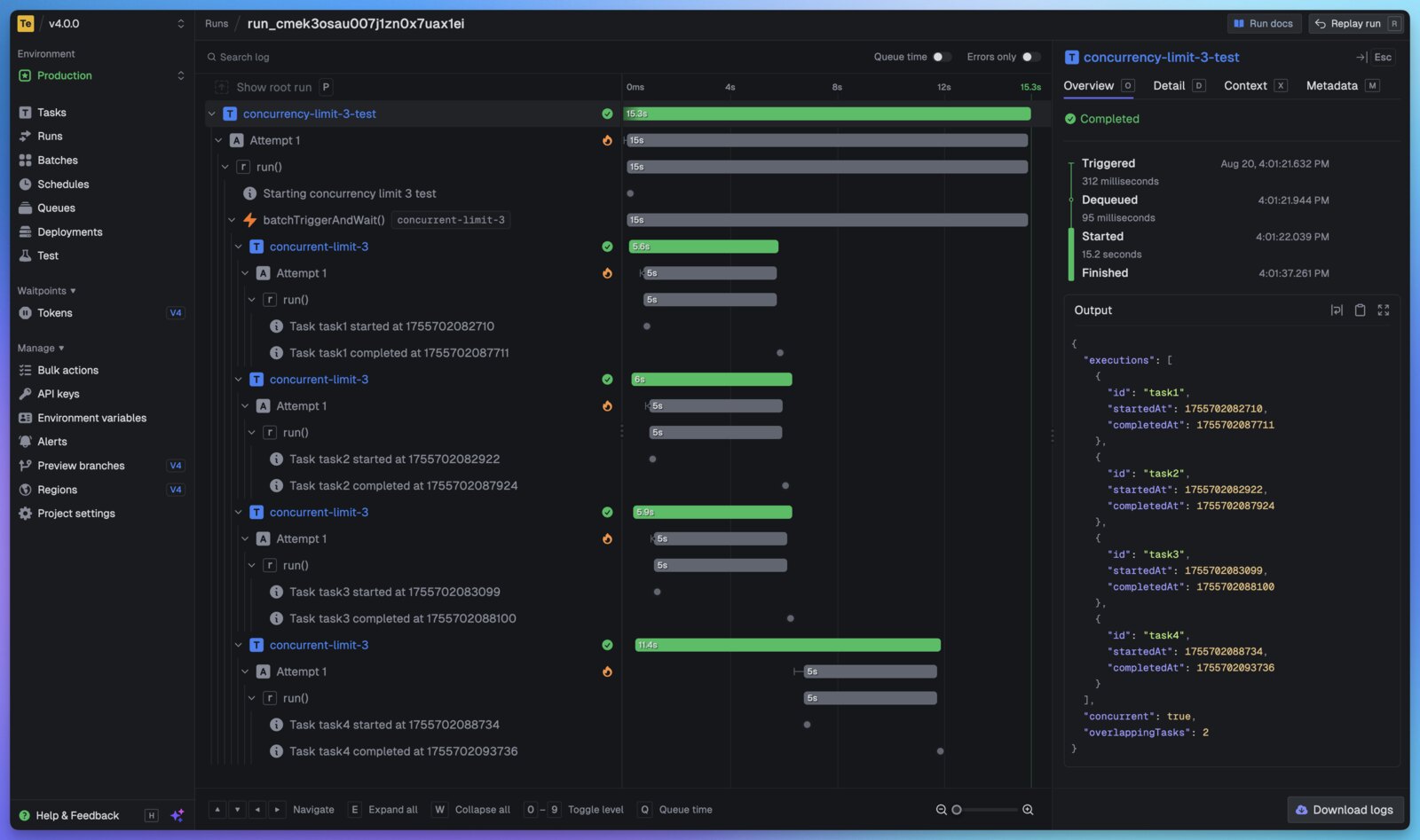 Trigger.dev trace view 产品界面
