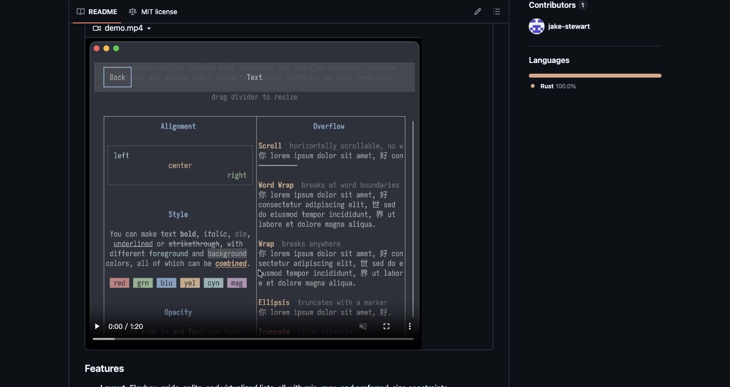 tuie README 中的 TUI 示例界面