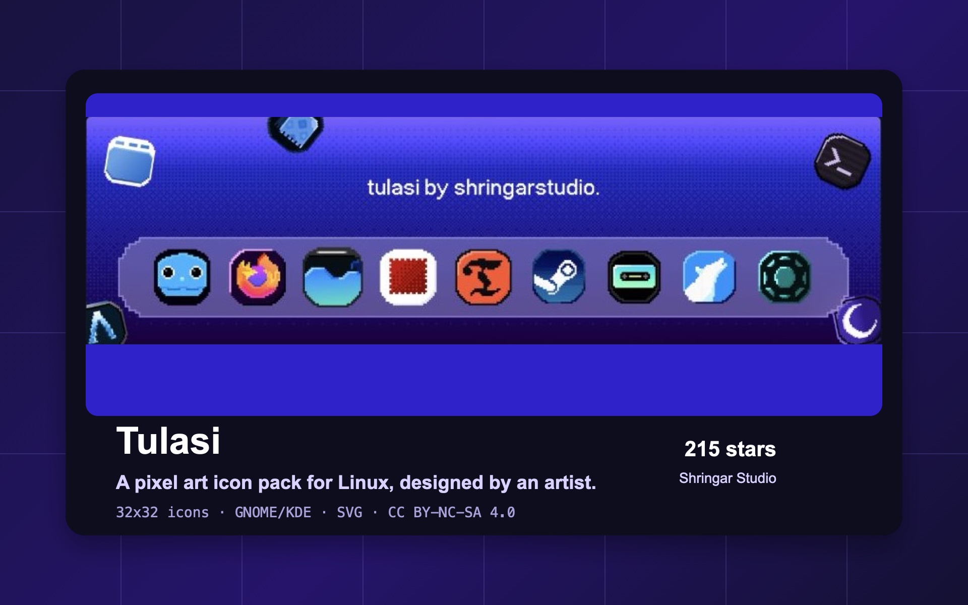 「Tulasi」为 Linux 桌面设计的像素风图标包：32×32、统一形状、每个图标都有语义