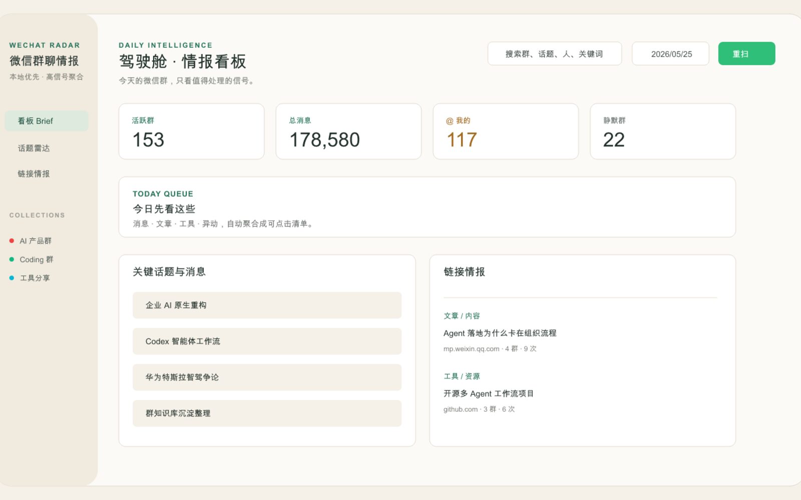 「WeChat Radar」把微信群聊变成本地优先的情报看板：话题、链接和日报都能按天处理