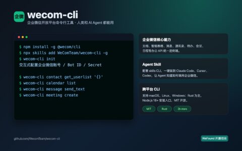 「wecom-cli」企业微信开放平台命令行工具：让 AI Agent 在终端操作文档、消息和日程