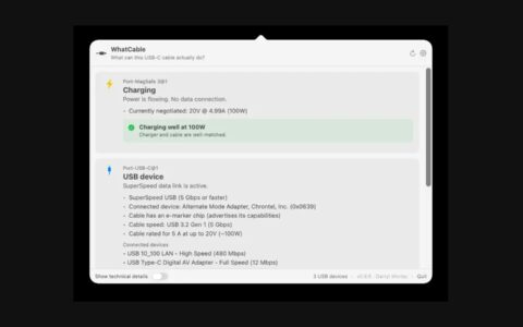 「WhatCable」看懂 USB-C 线材真实能力的 macOS 菜单栏工具