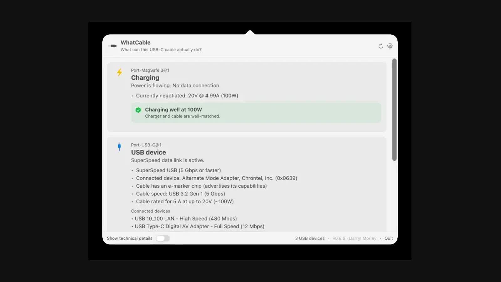 「WhatCable」看懂 USB-C 线材真实能力的 macOS 菜单栏工具