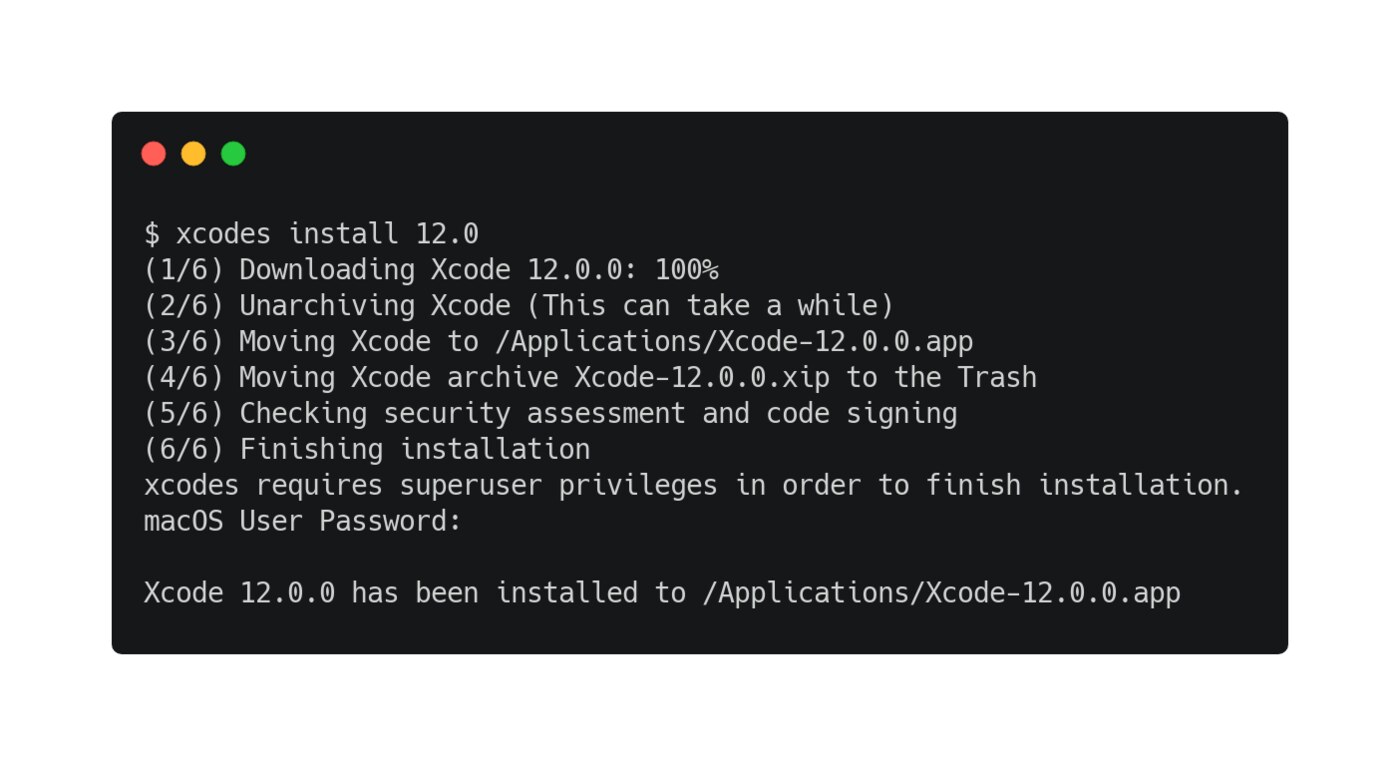 xcodes 在终端中安装 Xcode 的官方示例截图