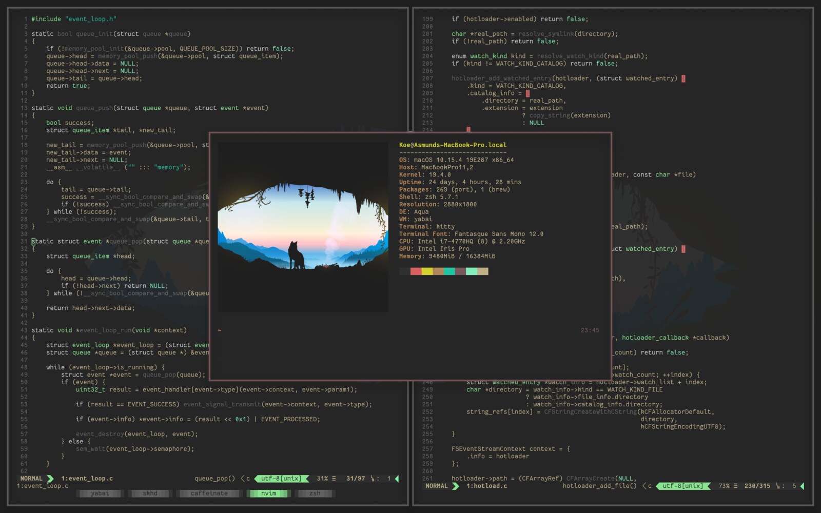 yabai 的 macOS 平铺窗口管理效果