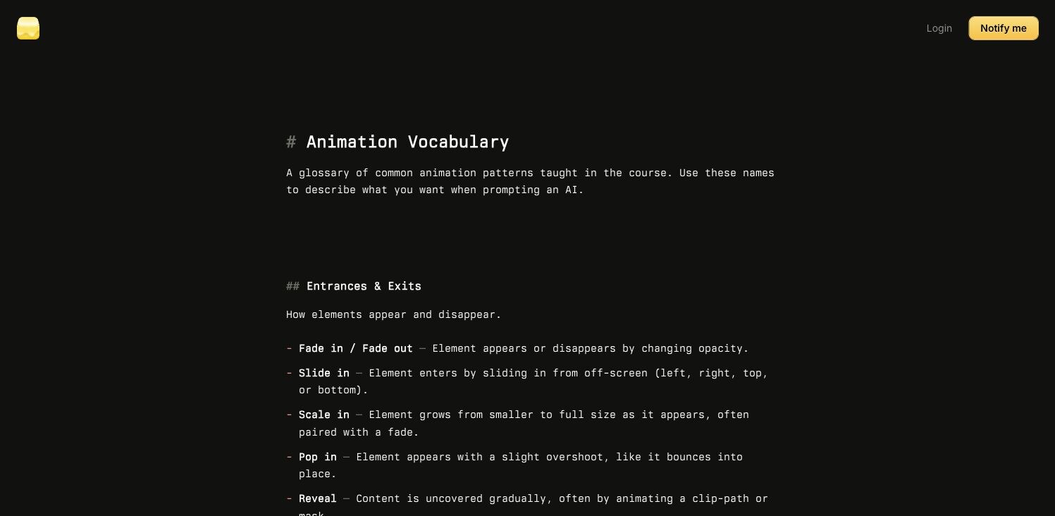 animations.dev 动画术语表页面