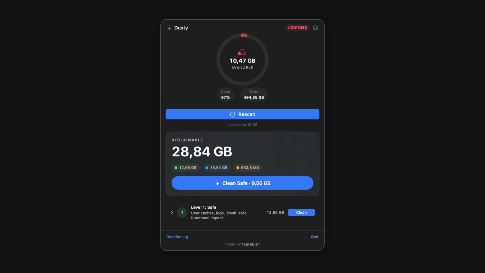 Dusty macOS 菜单栏磁盘清理界面