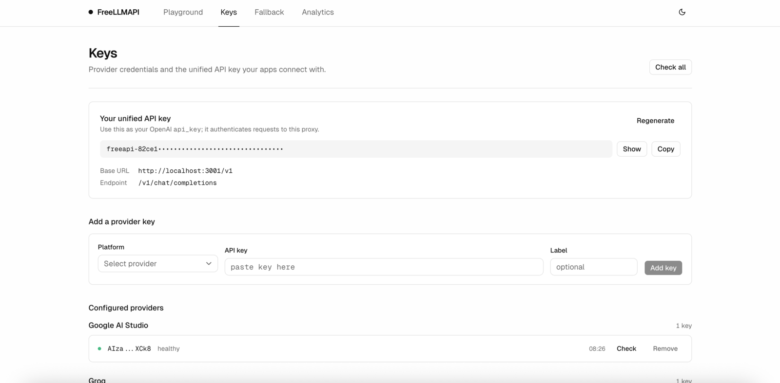 FreeLLMAPI 的统一 API Key 与 Provider Keys 管理界面